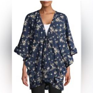 Women’s Boho Floral Print Open Front Kimono Cardigan Cover Up 2XG/3XG Navy